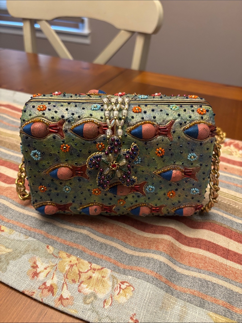 Mary Frances - Embellished Green Beaded Crossbody Bag with Gold Chain